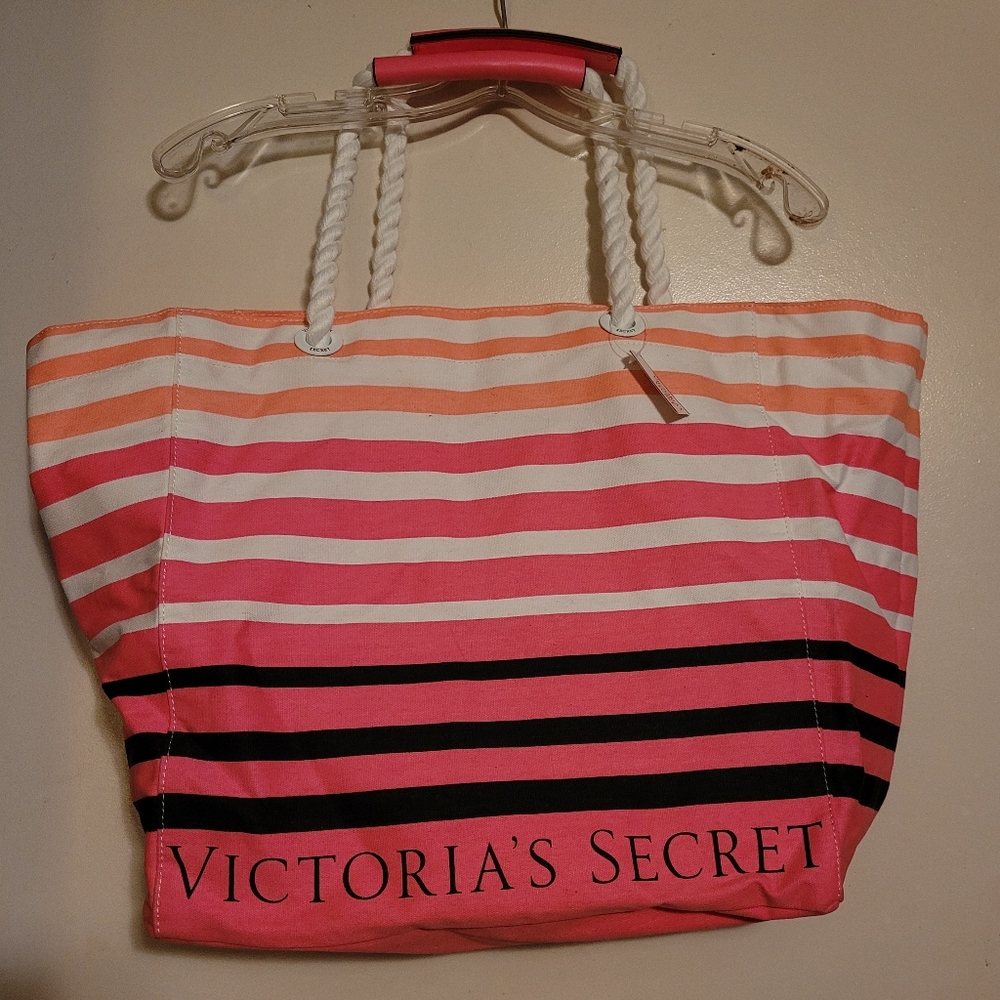 NWT Victoria Secret Striped Pink White and Black Tote Bag